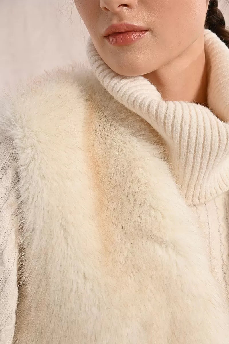 Molly Bracken Off White Sleeveless Faux Fur Jacket
