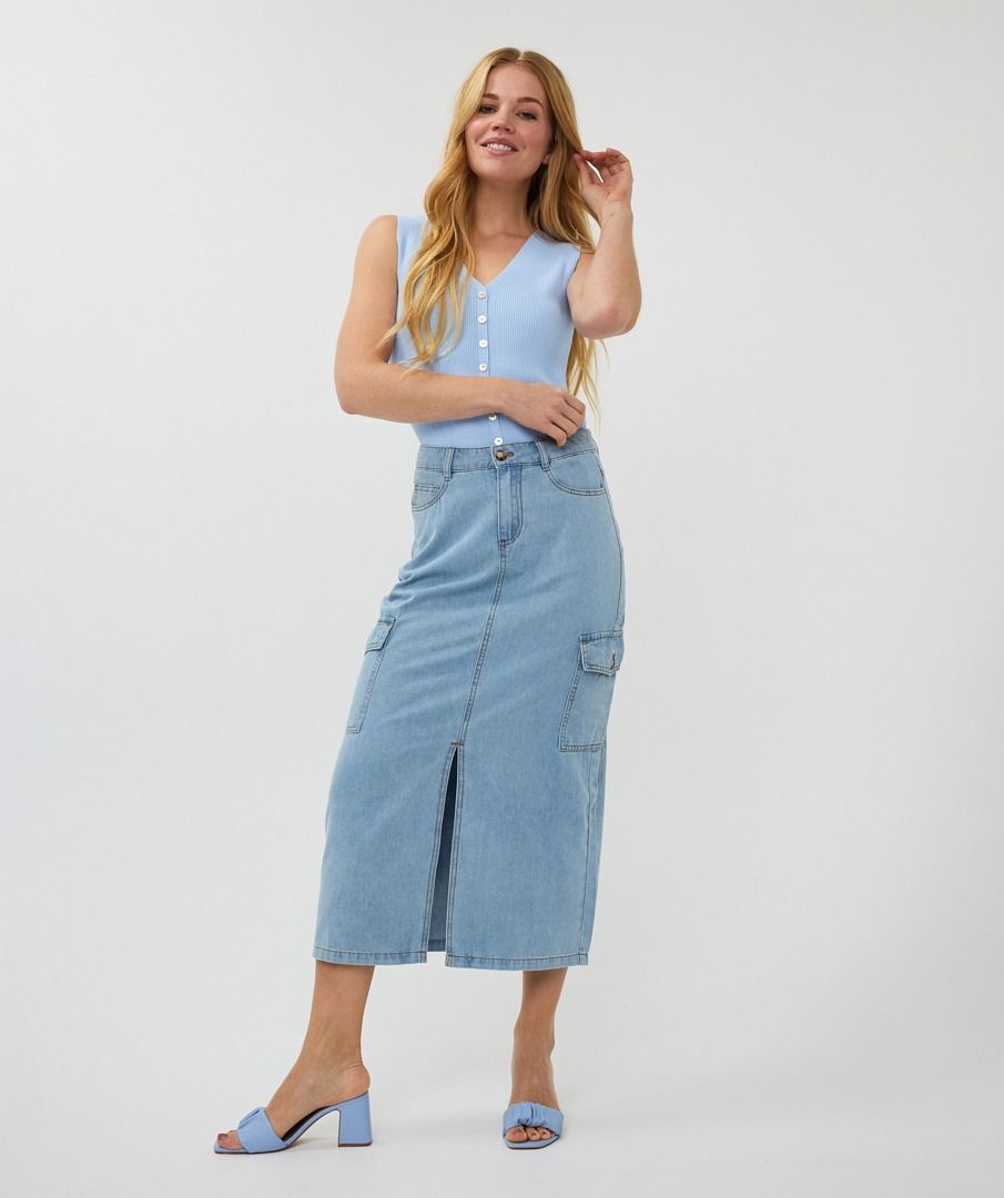 Esqualo Mid Blue Midi Jean Skirt