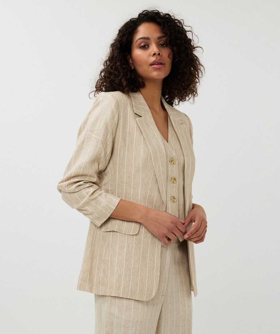 Esqualo Linen Stripe Blazer With Gathered Sleeve
