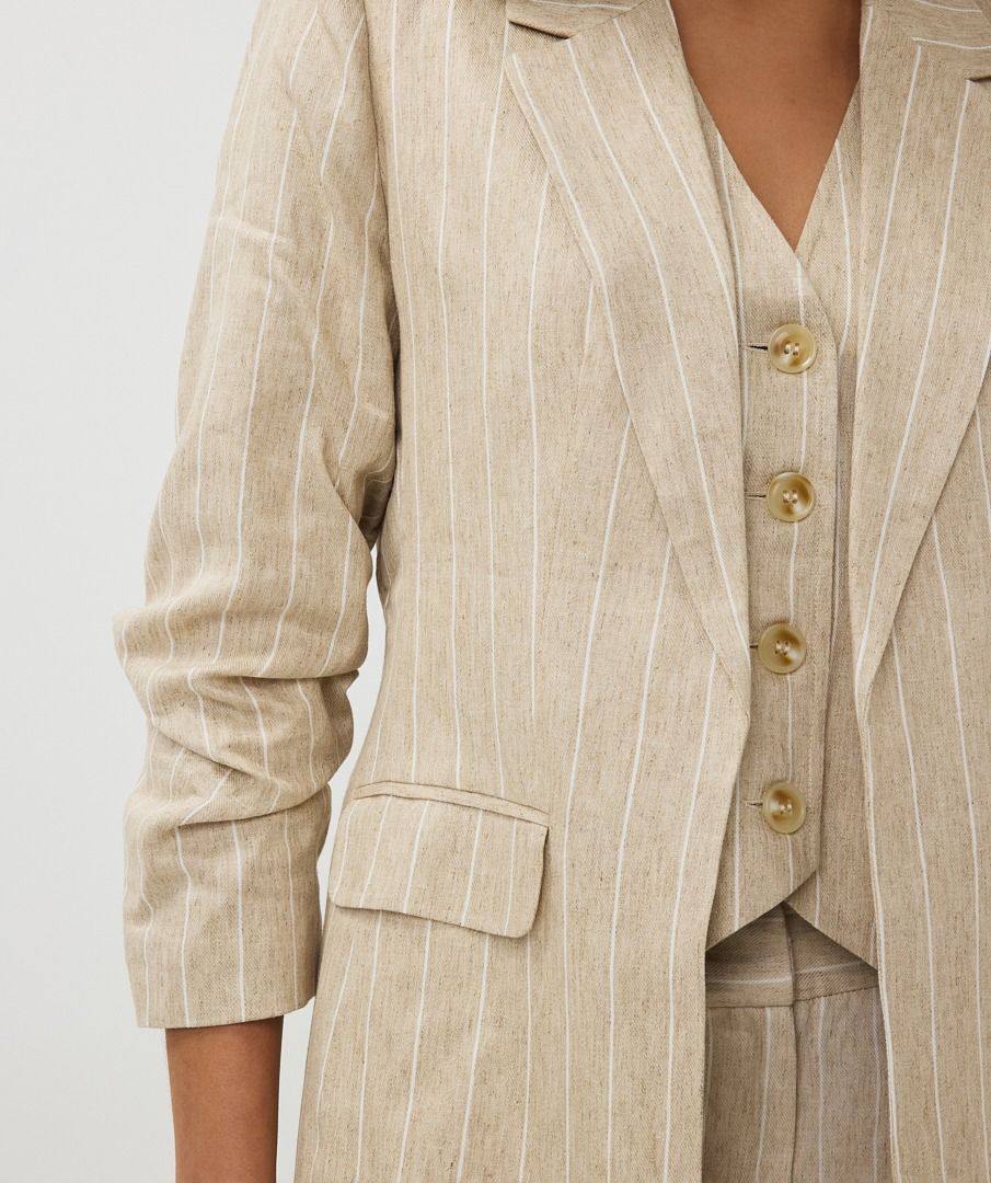 Esqualo Linen Stripe Blazer With Gathered Sleeve