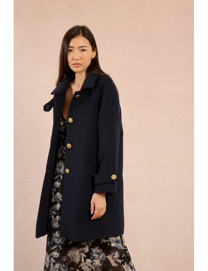 Molly Bracken Straight Fell Navy Coat With Large Buttons
