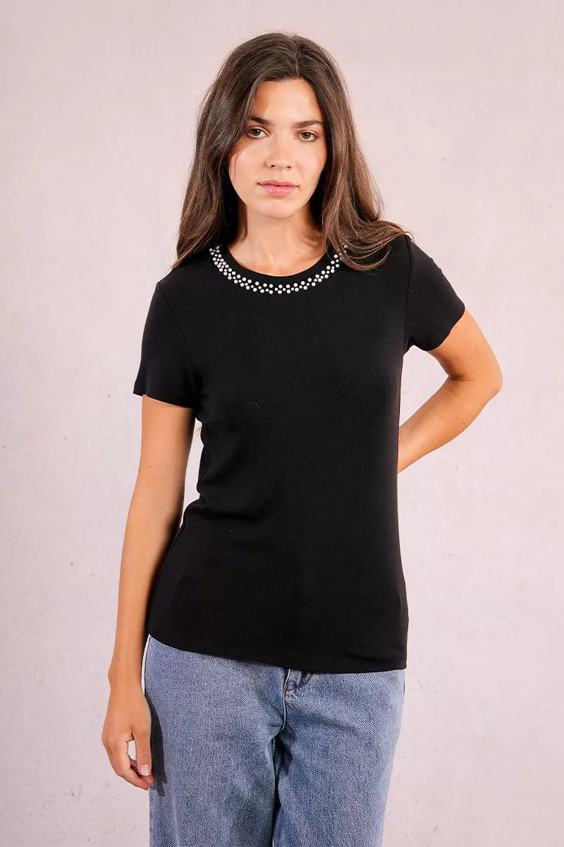 Molly Bracken Black Straight T-shirt With Beaded Collar