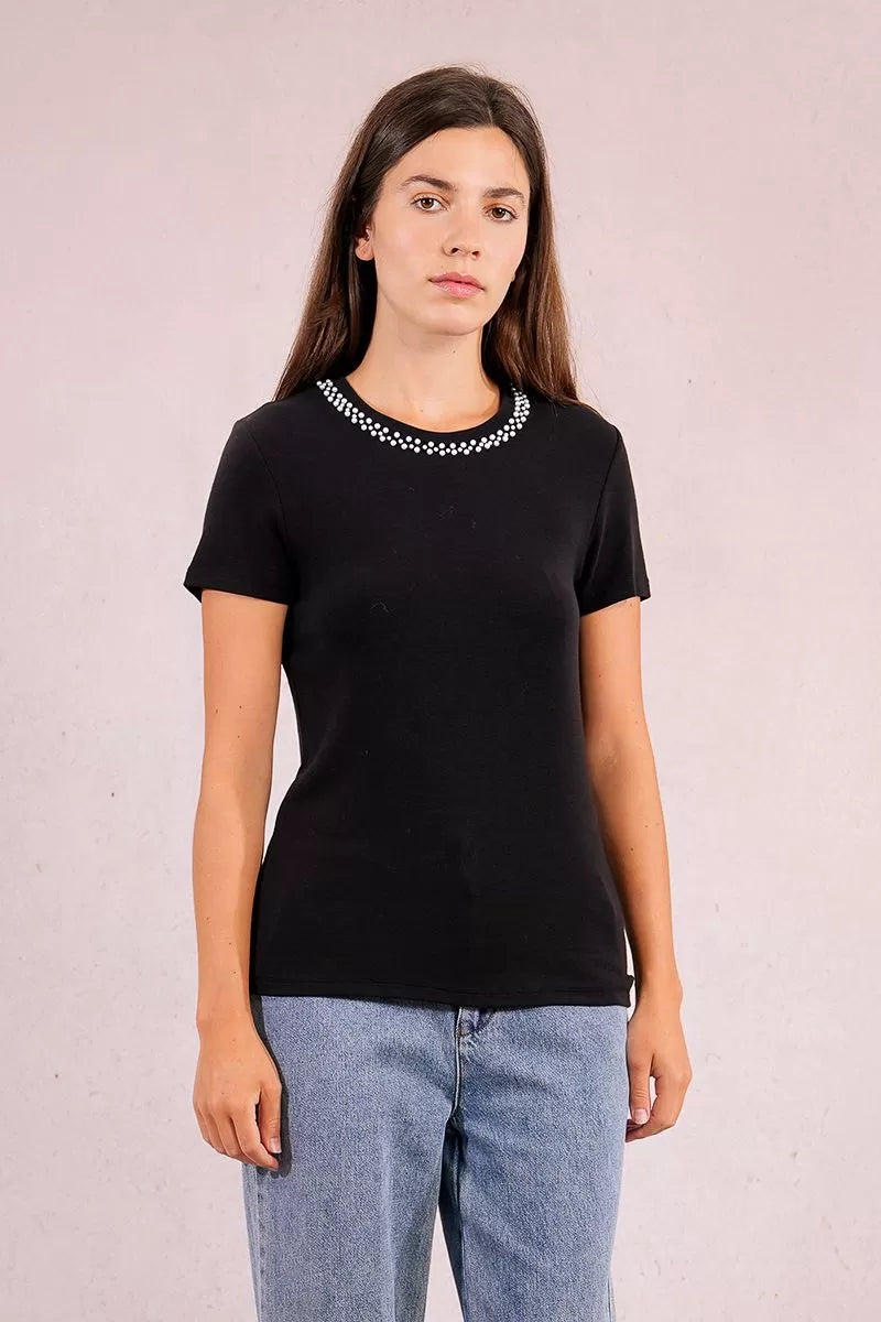 Molly Bracken Black Straight T-shirt With Beaded Collar