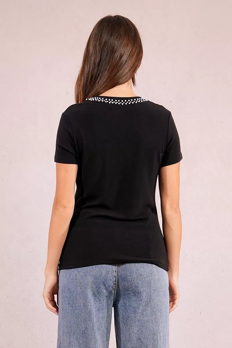 Molly Bracken Black Straight T-shirt With Beaded Collar