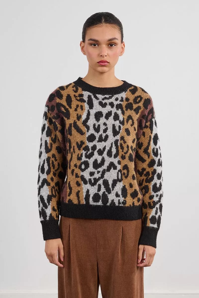 Lili Sidonio Striped &amp; Knitted Leopard Sweater