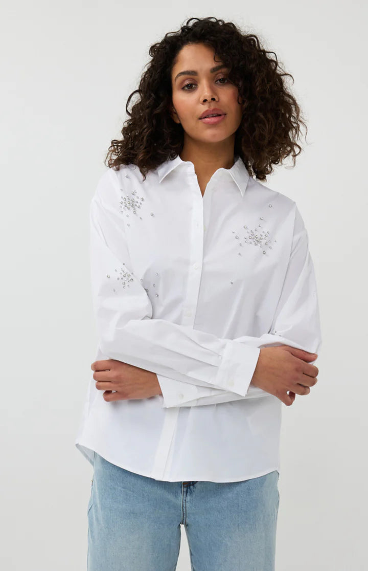 Esqualo Off White Rhinestone Poplin Decorated Shirt