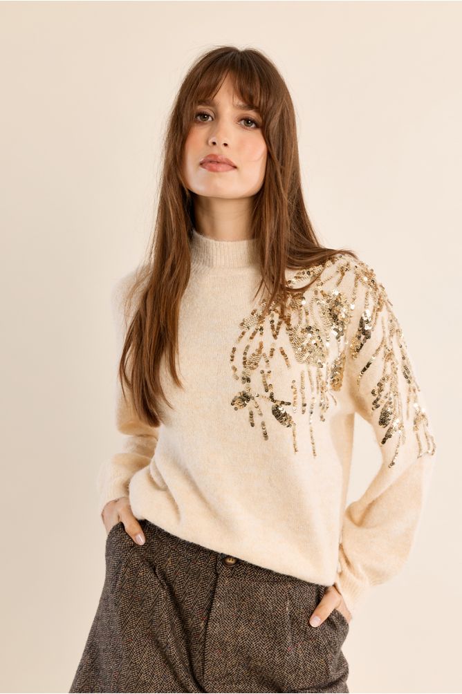 Molly Bracken Cream High Neck Sweater With Embellishment