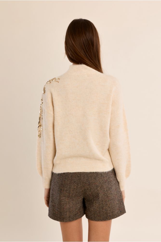 Molly Bracken Cream High Neck Sweater With Embellishment