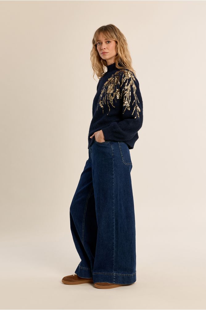 Molly Bracken Navy High Neck Sweater With Embellishment