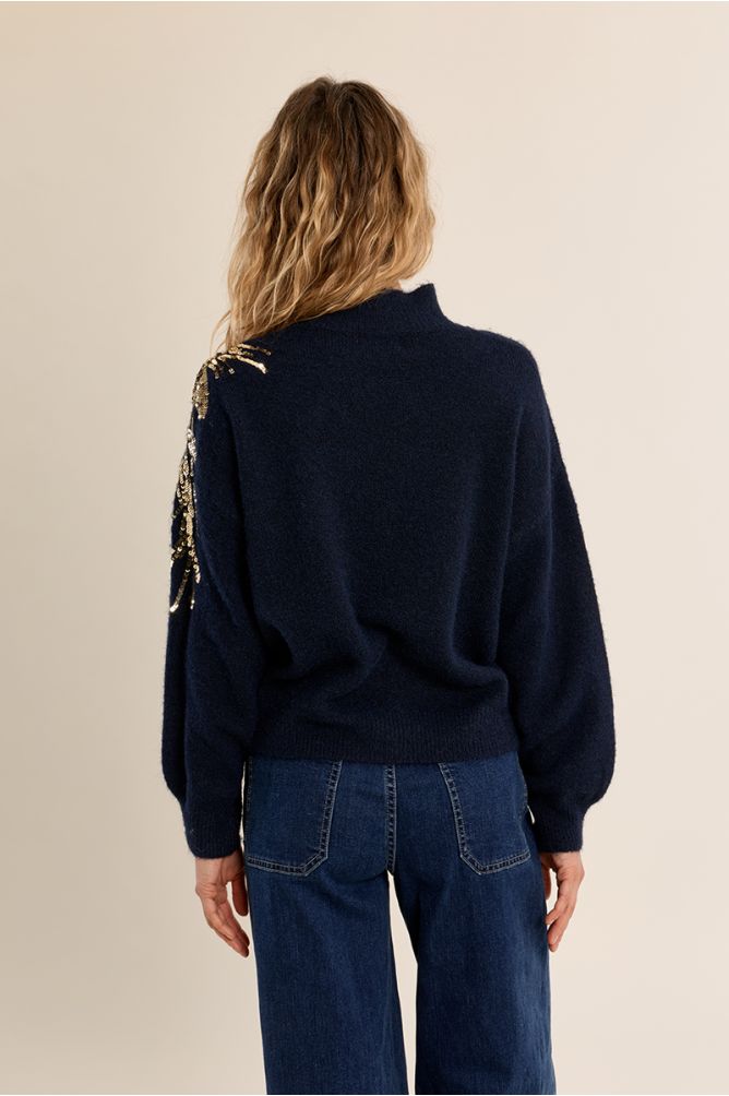 Molly Bracken Navy High Neck Sweater With Embellishment