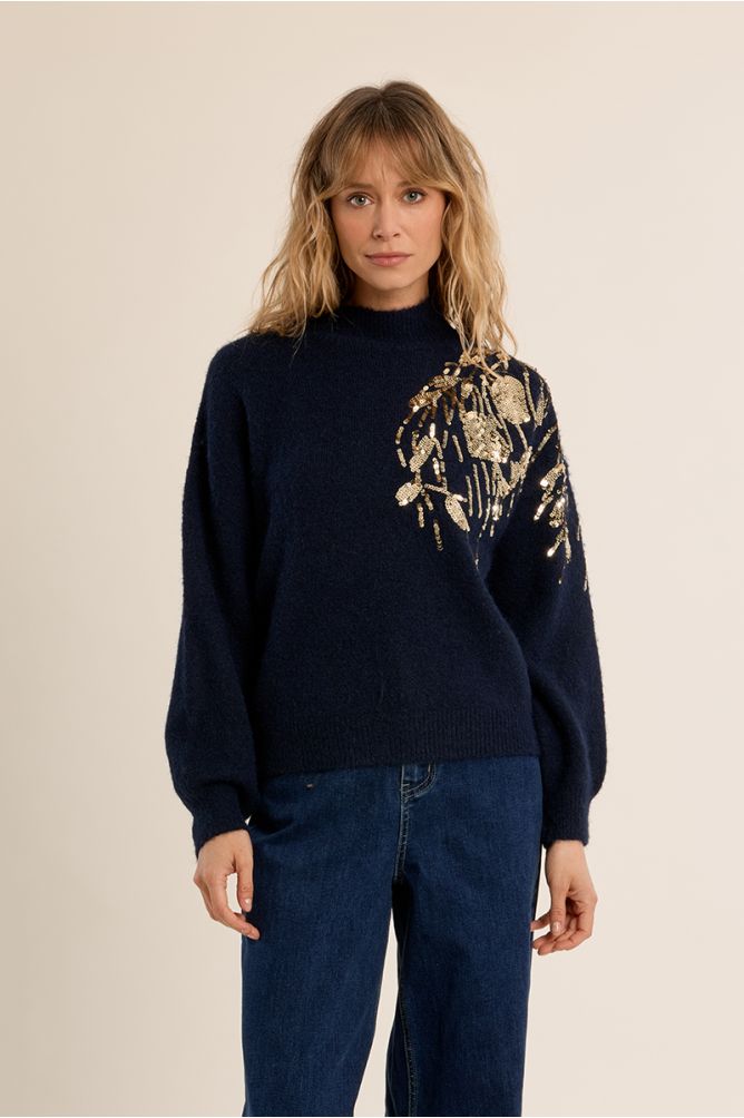 Molly Bracken Navy High Neck Sweater With Embellishment
