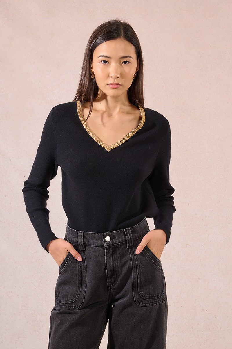 Molly Bracken Black Sweater With Iridescent V Neck Trim