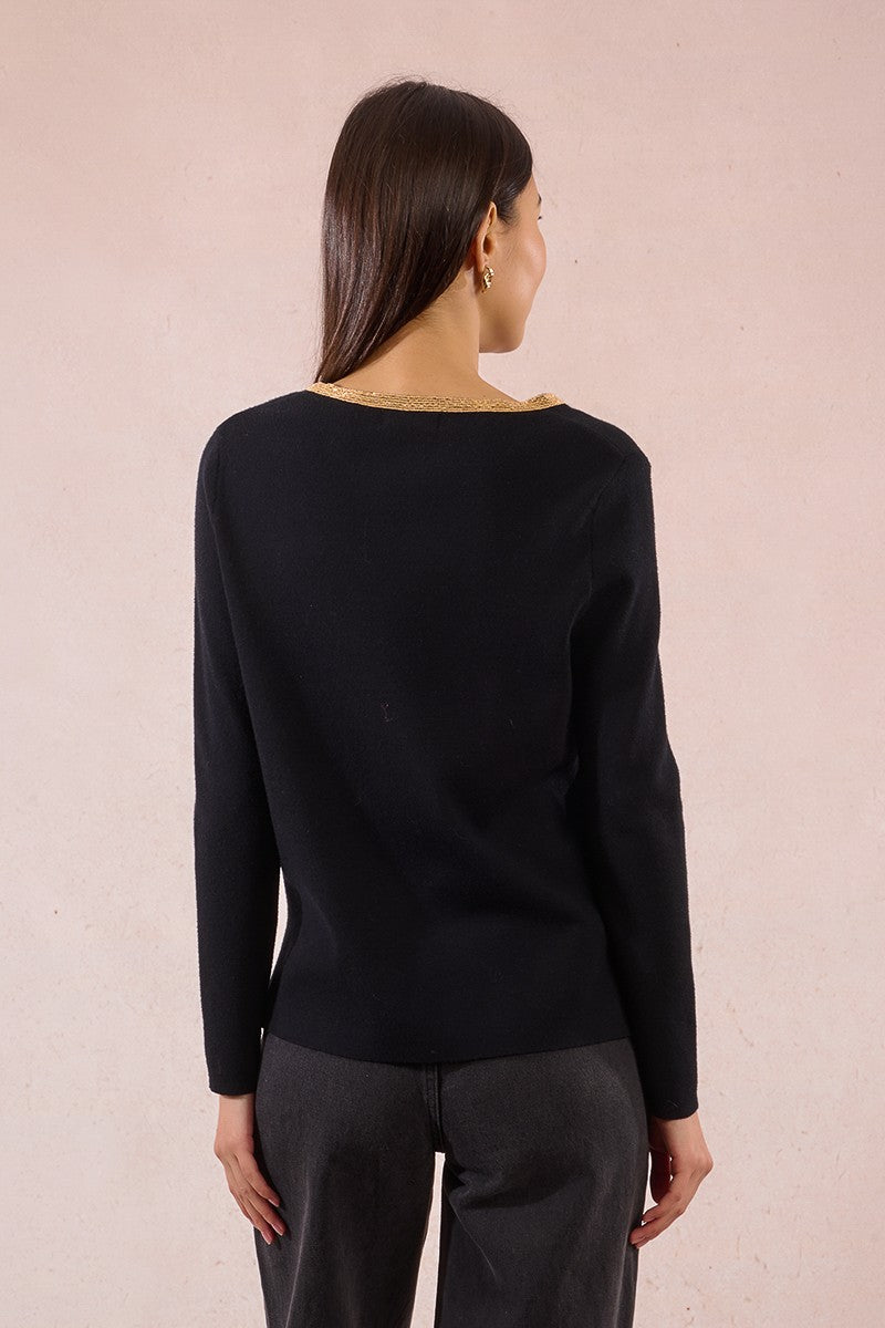 Molly Bracken Black Sweater With Iridescent V Neck Trim
