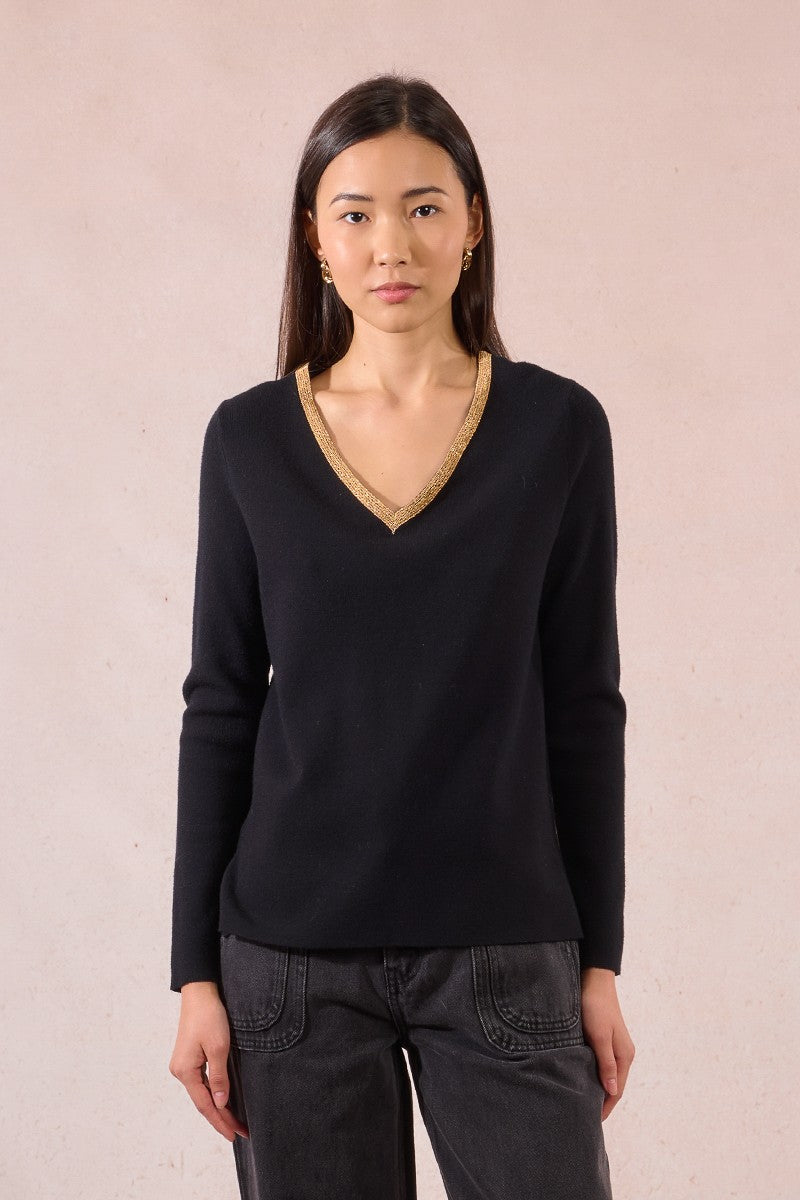 Molly Bracken Black Sweater With Iridescent V Neck Trim