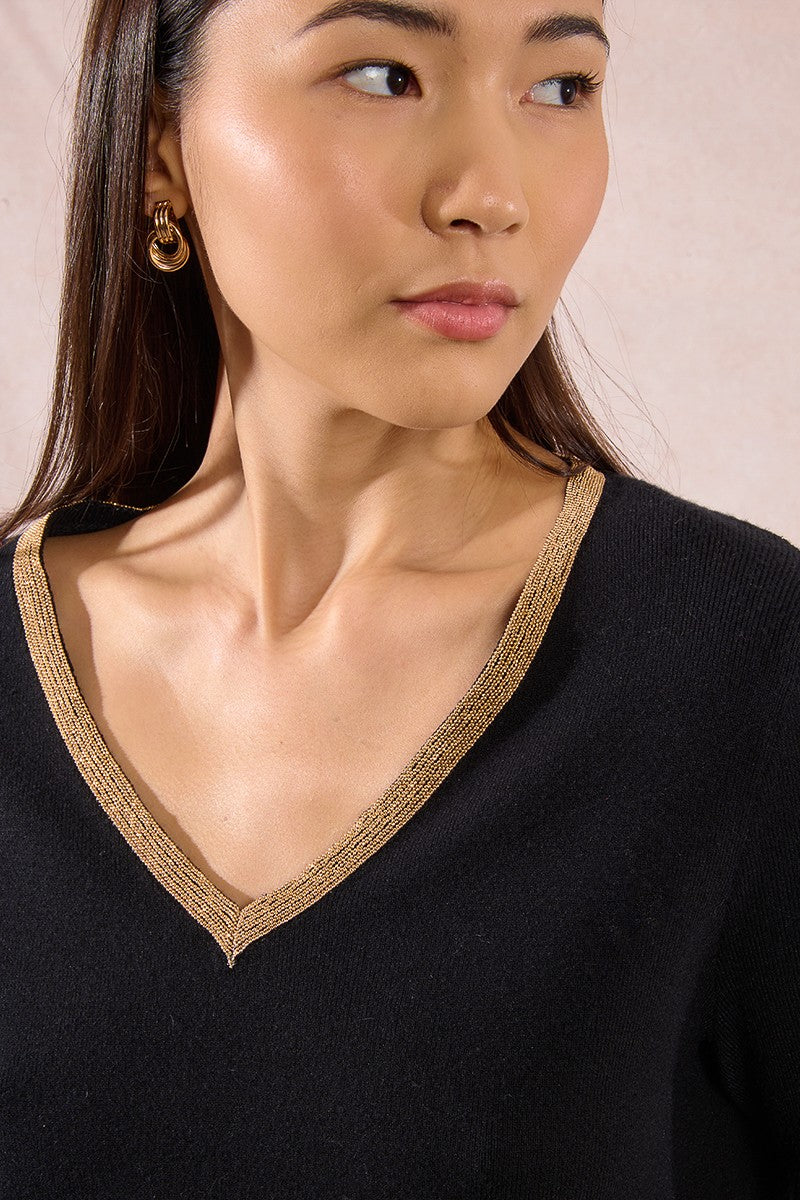 Molly Bracken Black Sweater With Iridescent V Neck Trim