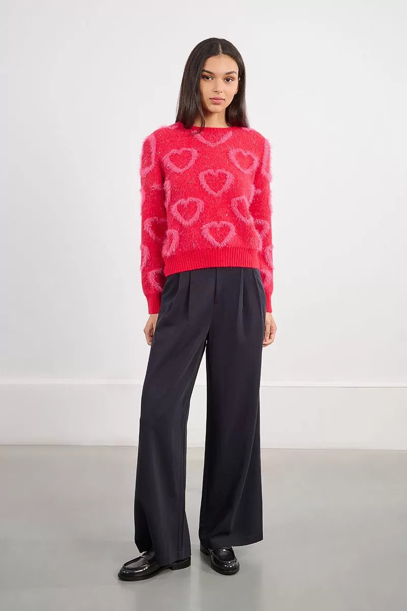 Molly Bracken Red Sweater With Textured Heart Pattern