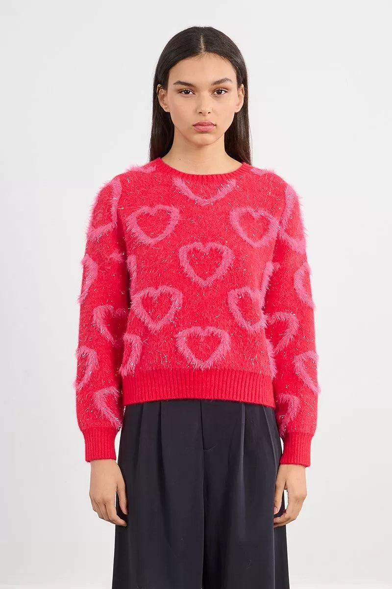 Molly Bracken Red Sweater With Textured Heart Pattern
