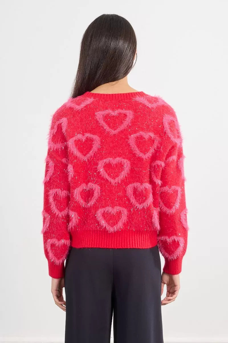 Molly Bracken Red Sweater With Textured Heart Pattern