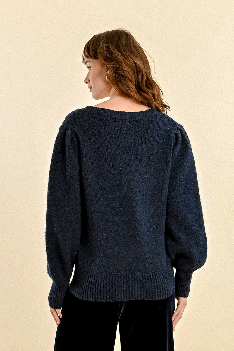 Molly Bracken Navy Sweater With Wool, Puffed Sleeves