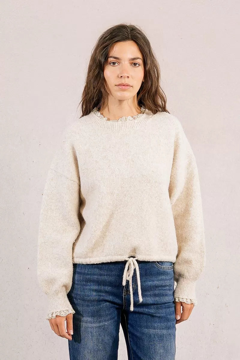 Molly Bracken Cream Sweatshirt-Style Knitted Sweater With Lace Edge