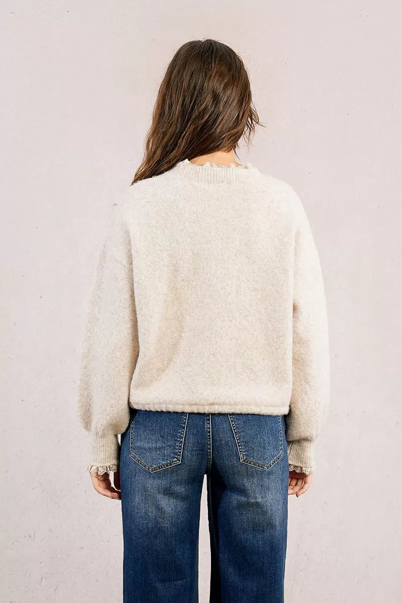 Molly Bracken Cream Sweatshirt-Style Knitted Sweater With Lace Edge