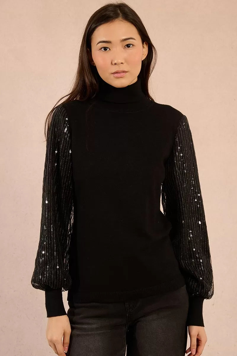 Molly Bracken Black Sweater Style With Sequin Sleeves