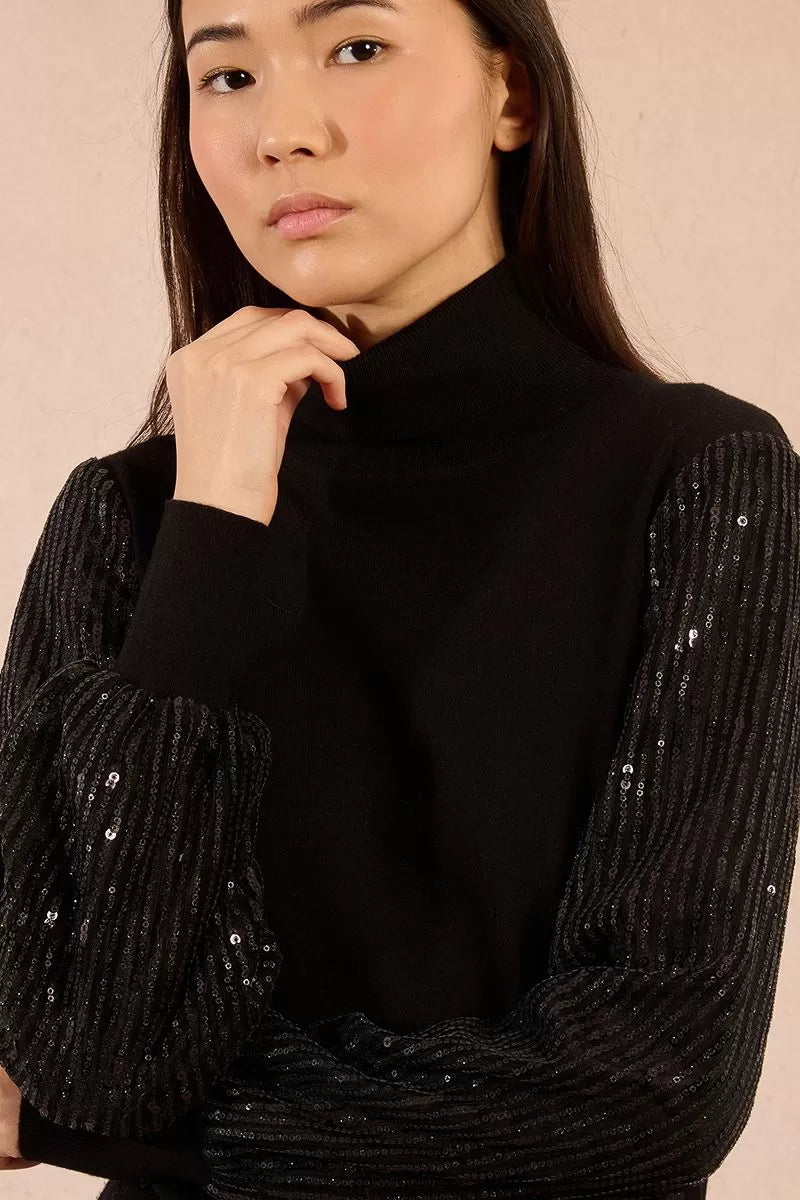 Molly Bracken Black Sweater Style With Sequin Sleeves