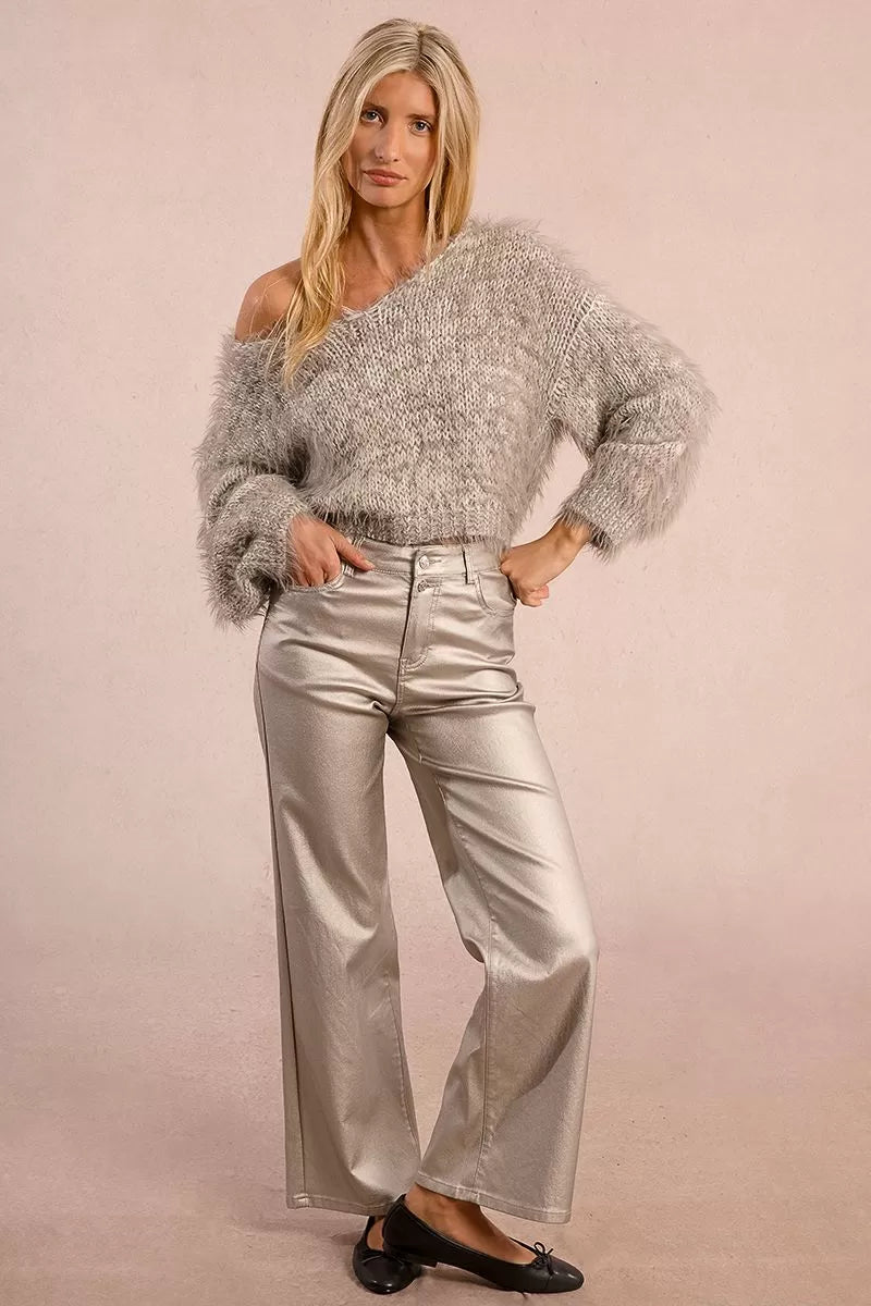 Molly Bracken Textured Grey Knitted Sweater