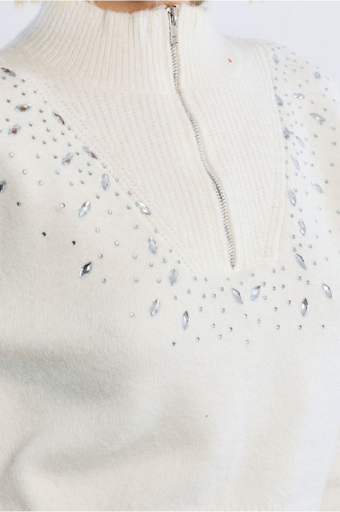 Molly Bracken White Trucker Collar Sweater With Rhinestones
