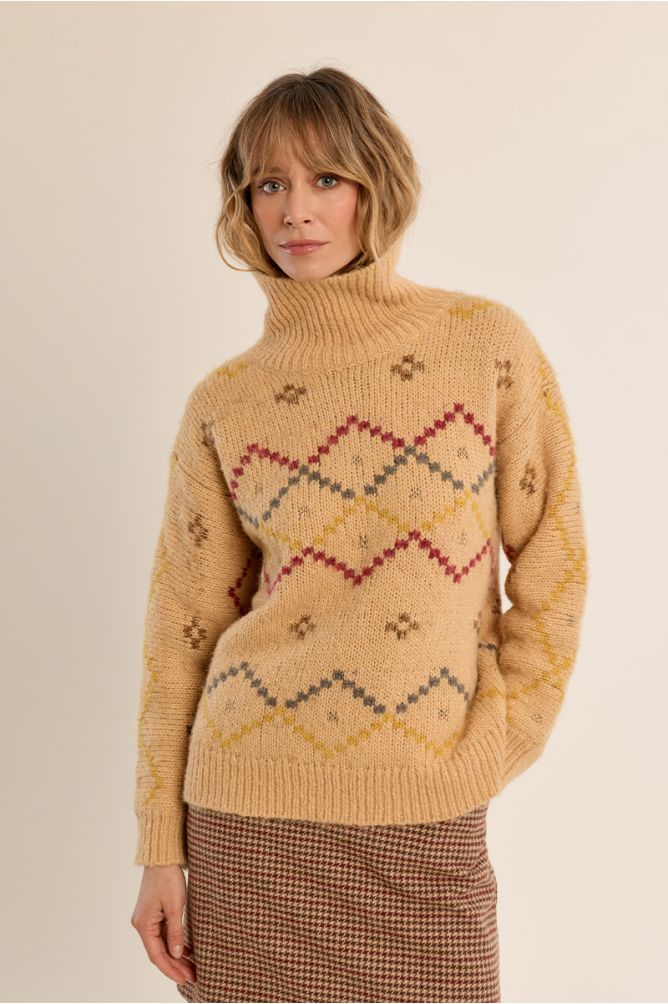 Molly Bracken Yellow Turtle Neck Knit Sweater With Pattern