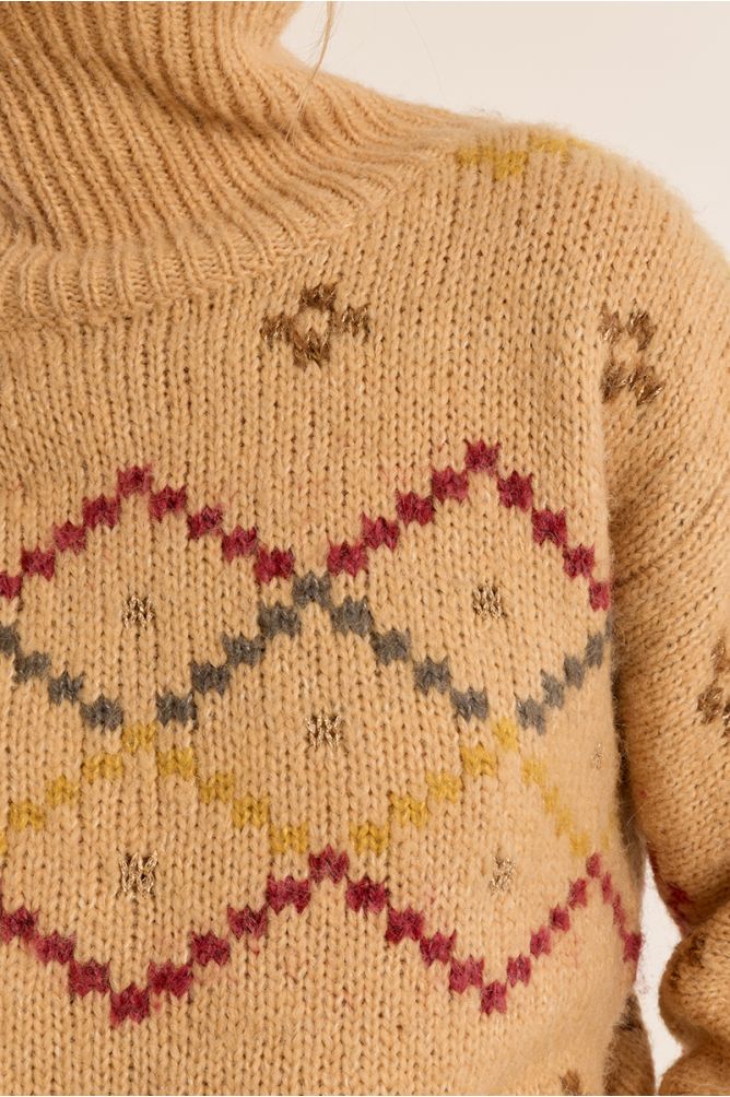 Molly Bracken Yellow Turtle Neck Knit Sweater With Pattern