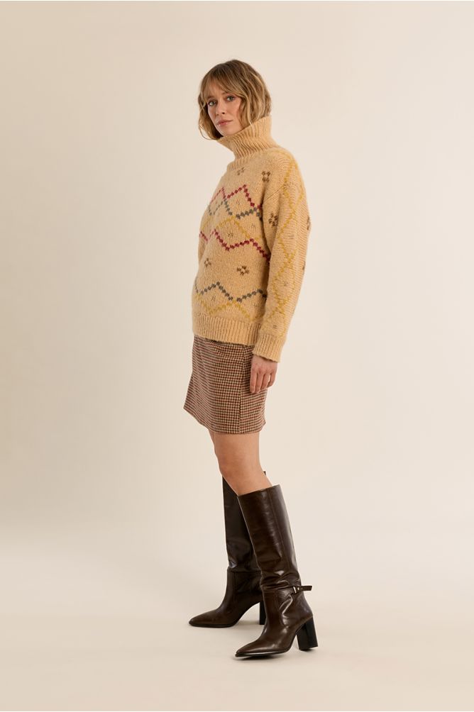 Molly Bracken Yellow Turtle Neck Knit Sweater With Pattern