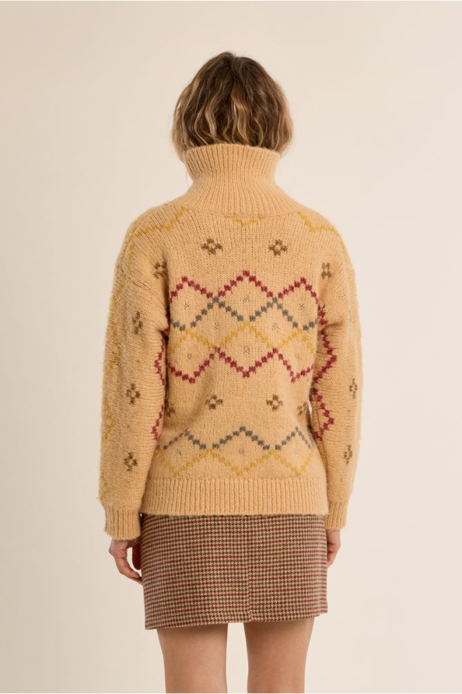 Molly Bracken Yellow Turtle Neck Knit Sweater With Pattern