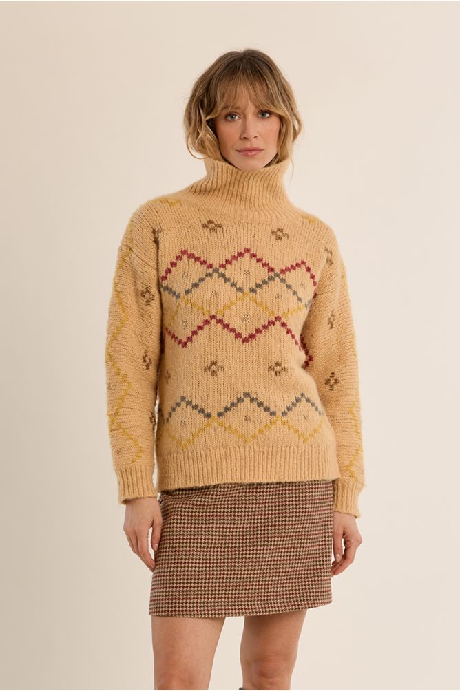 Molly Bracken Yellow Turtle Neck Knit Sweater With Pattern
