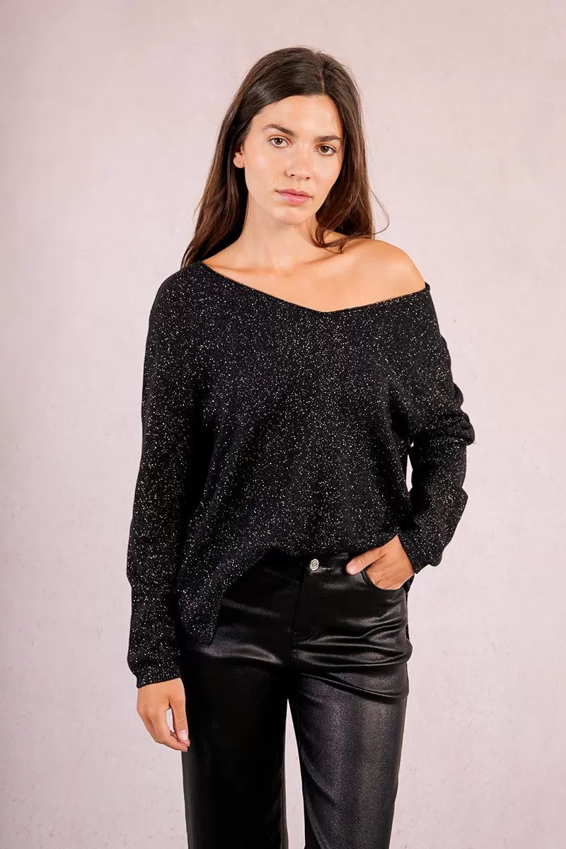 Molly Bracken V-neck Iridescent Knit Black Sweater