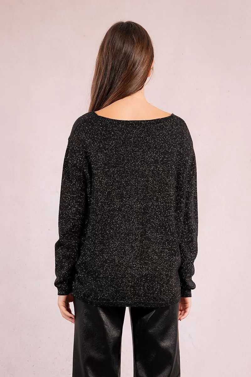 Molly Bracken V-neck Iridescent Knit Black Sweater