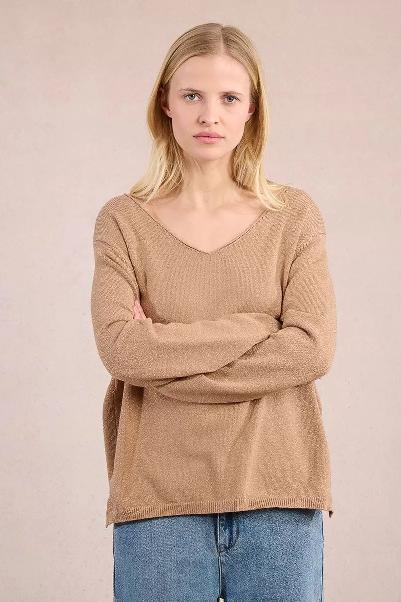 Molly Bracken Gold V-Neck Iridescent Knit Sweater