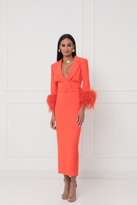 Matilde Cano Orange Cruzado Plumas Manga Dress