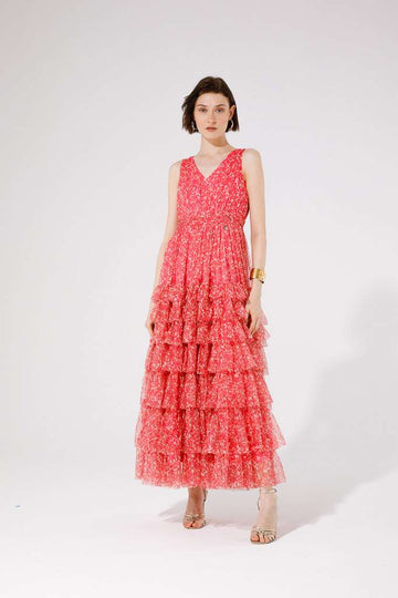GoaGoa Coral Pink Long Printed Tulle Dress