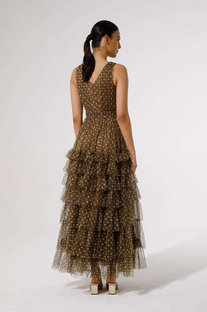 GoaGoa Long Brown With Cream Spot Tulle Dress