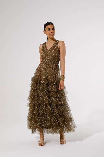GoaGoa Long Brown With Cream Spot Tulle Dress