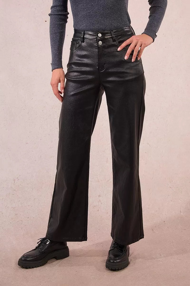 Molly Bracken Black Wide-Leg Coated Pants