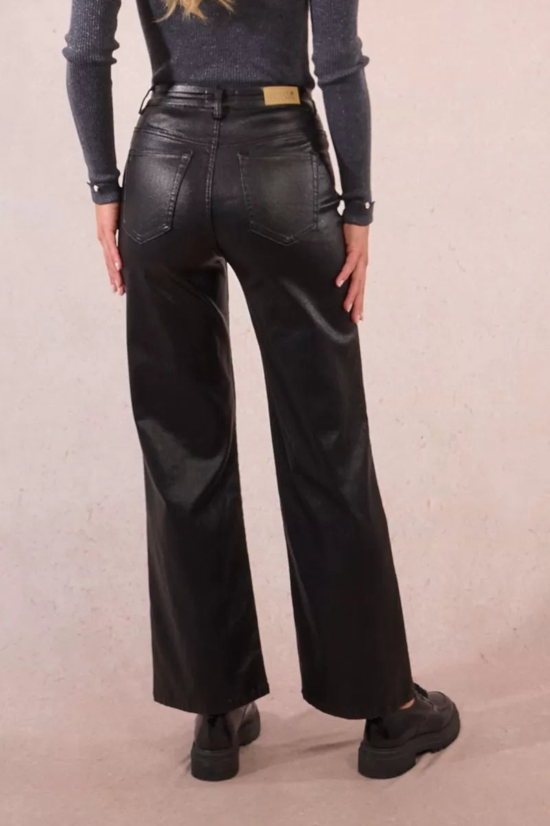 Molly Bracken Black Wide-Leg Coated Pants