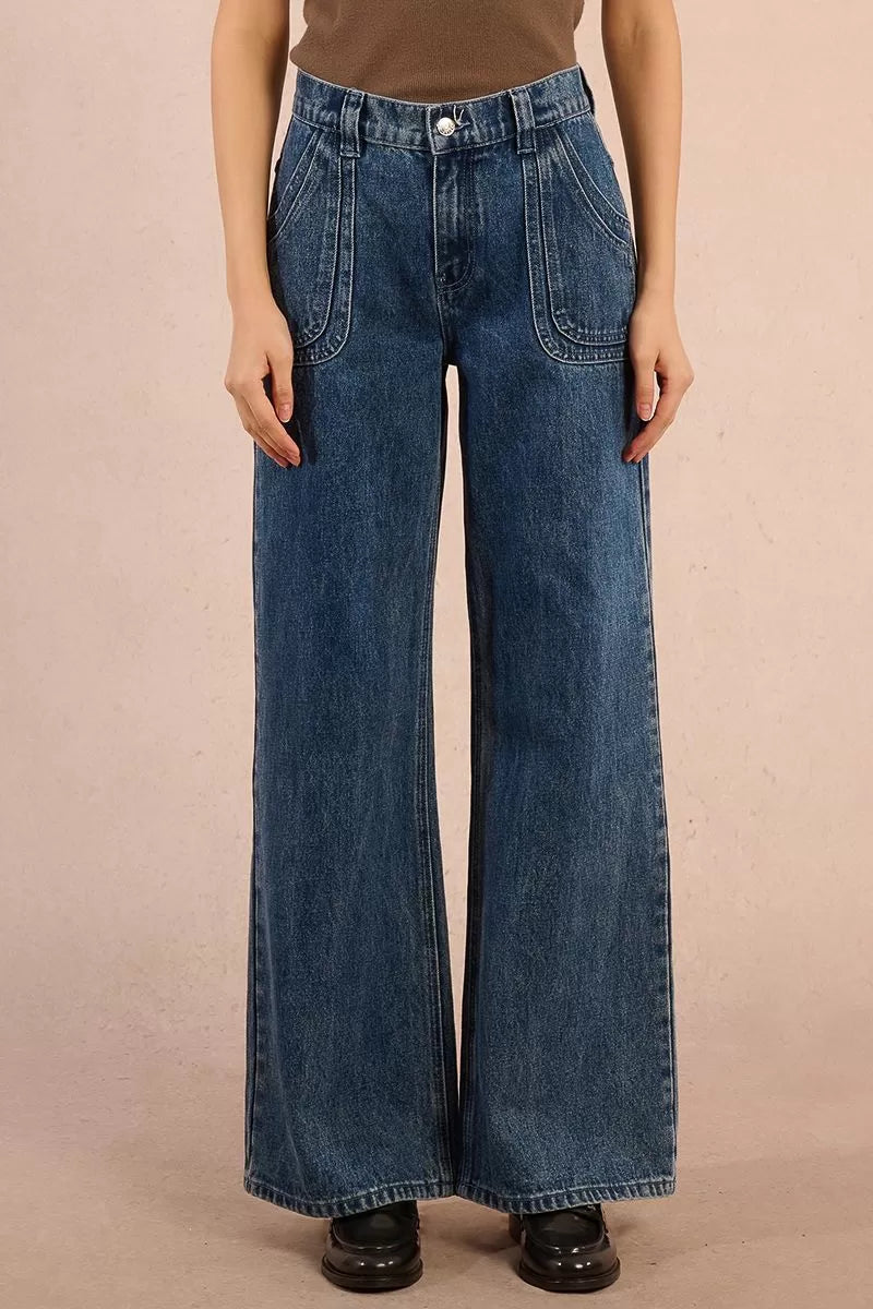 Molly Bracken Wide Leg Denim Blue Jeans With Top Stitching