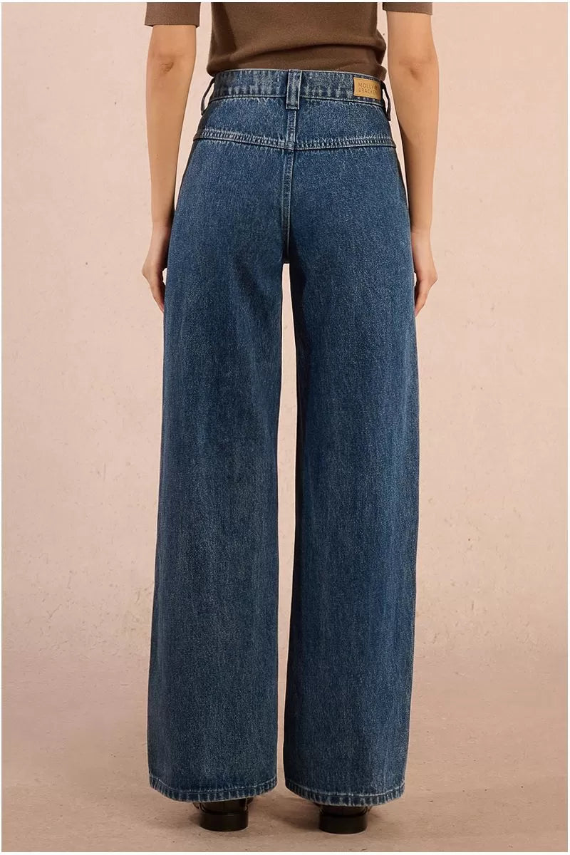 Molly Bracken Wide Leg Denim Blue Jeans With Top Stitching