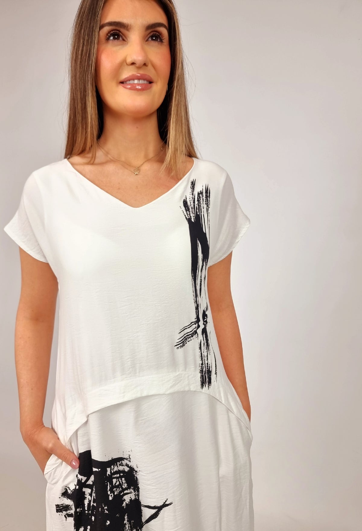 Naya White Dress With Placement Print Skirt