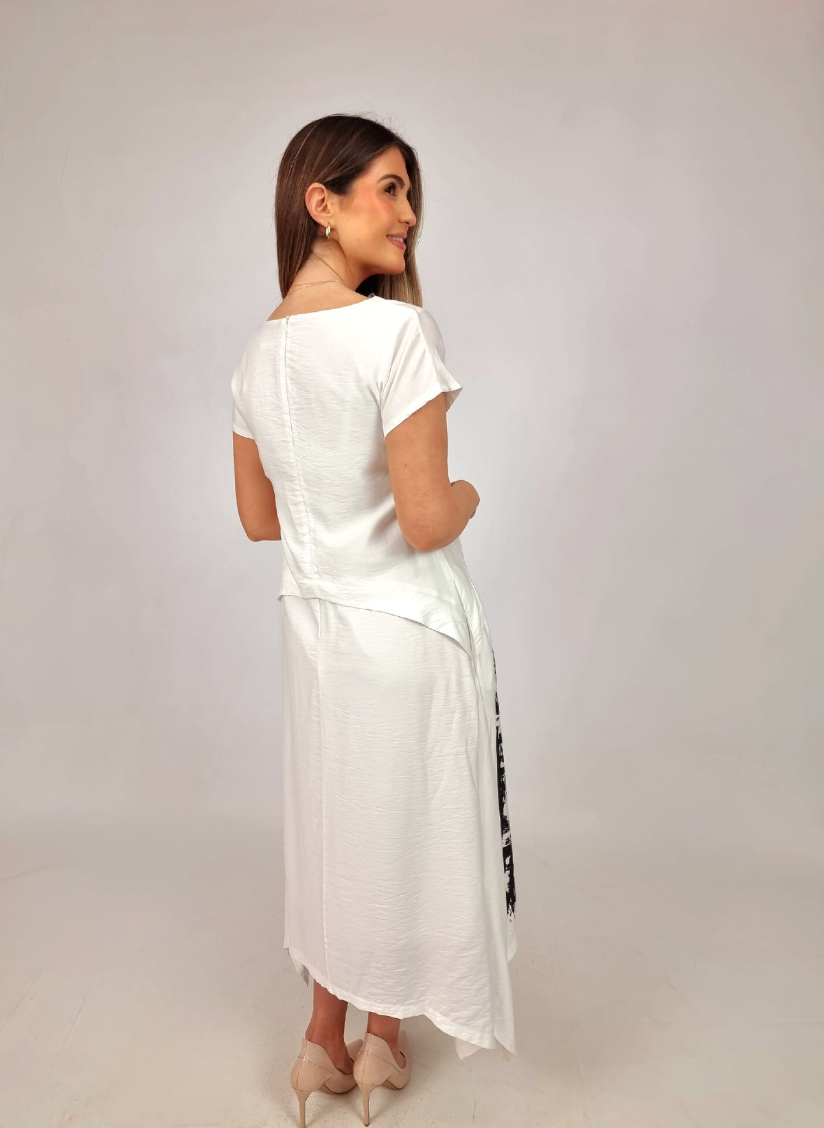 Naya White Dress With Placement Print Skirt