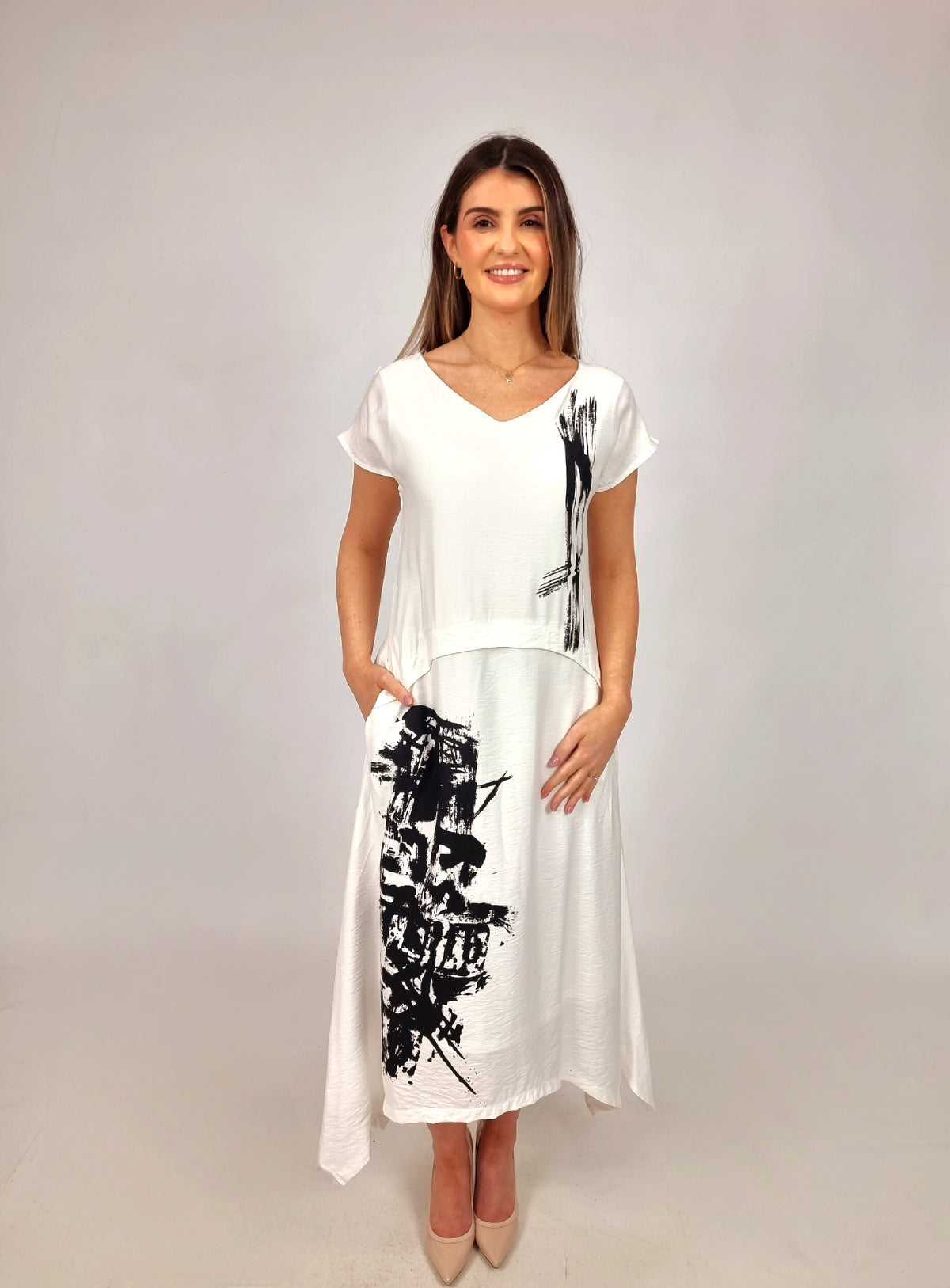 Naya White Dress With Placement Print Skirt