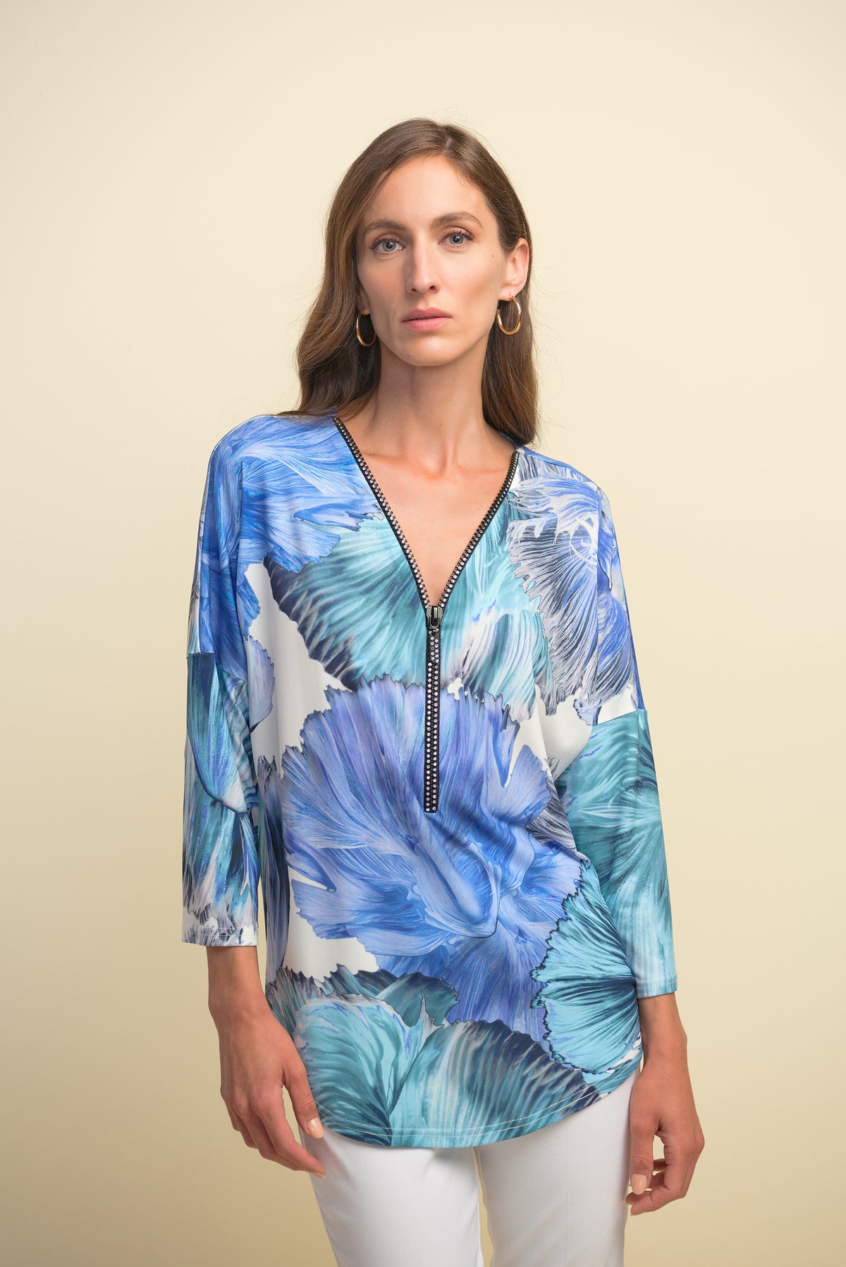 Joseph Ribkoff Watercolour Florals, Zip-Neck Top